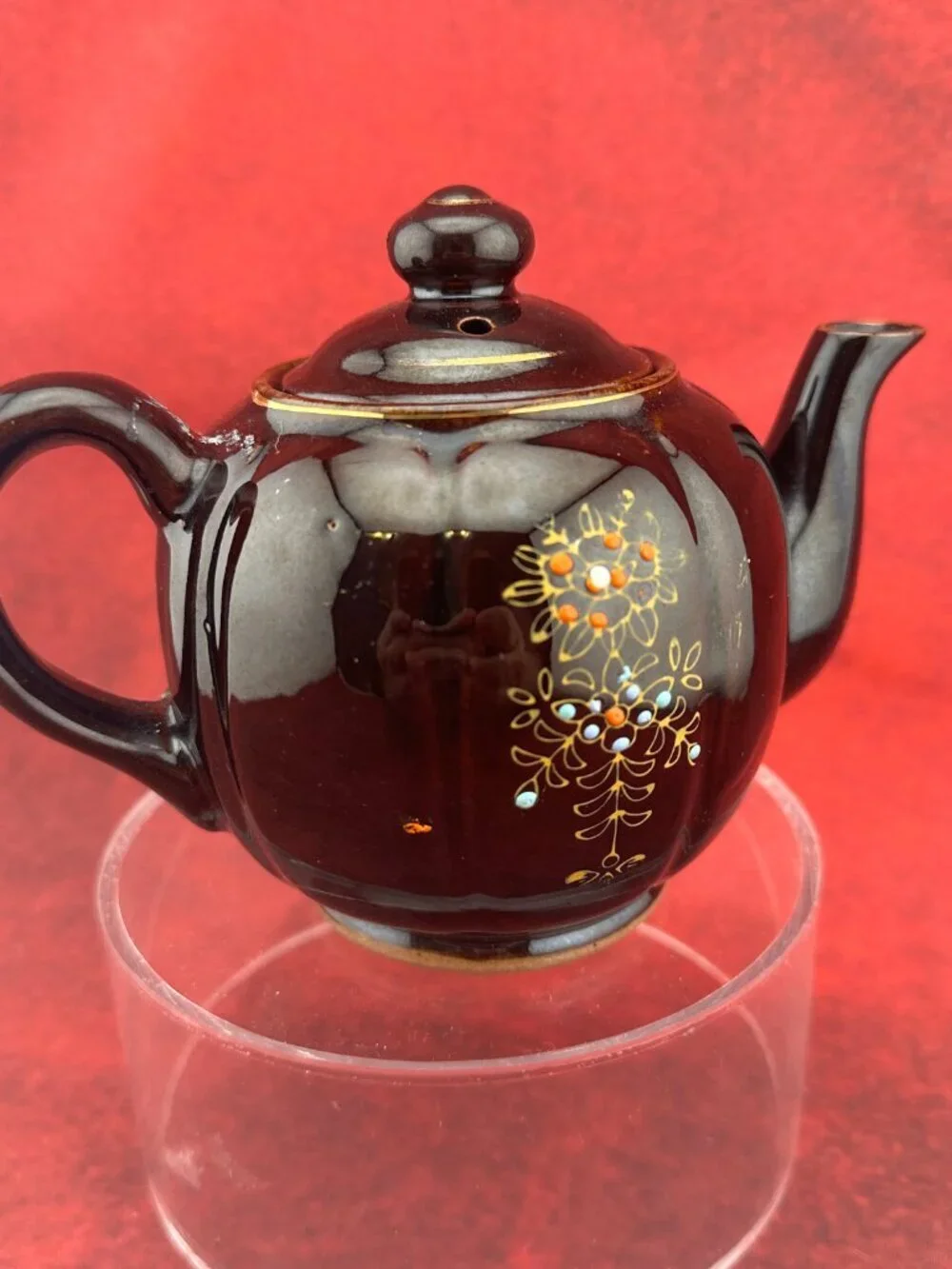 VINTAGE JAPANESE BROWN BETTY REDWARE  TEAPOT CERAMIC MORIAGE ENAMEL HAND PAINTED